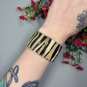 Gold and Black Zebra Animal Print Cuff Style Hinged Bangle Bracelet